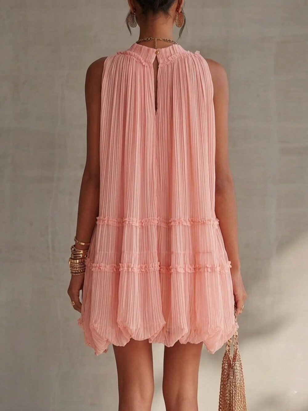 Pink Casual Women's Sleeveless Pleated A-Line Babydoll Short Dress - Picture 2 of 4